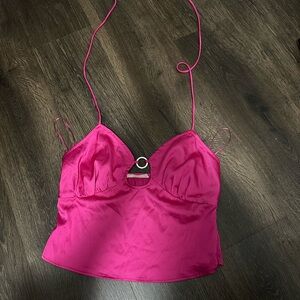 Dolls Kill MABLE Fuchsia Satin Top with Silver Ring Accent